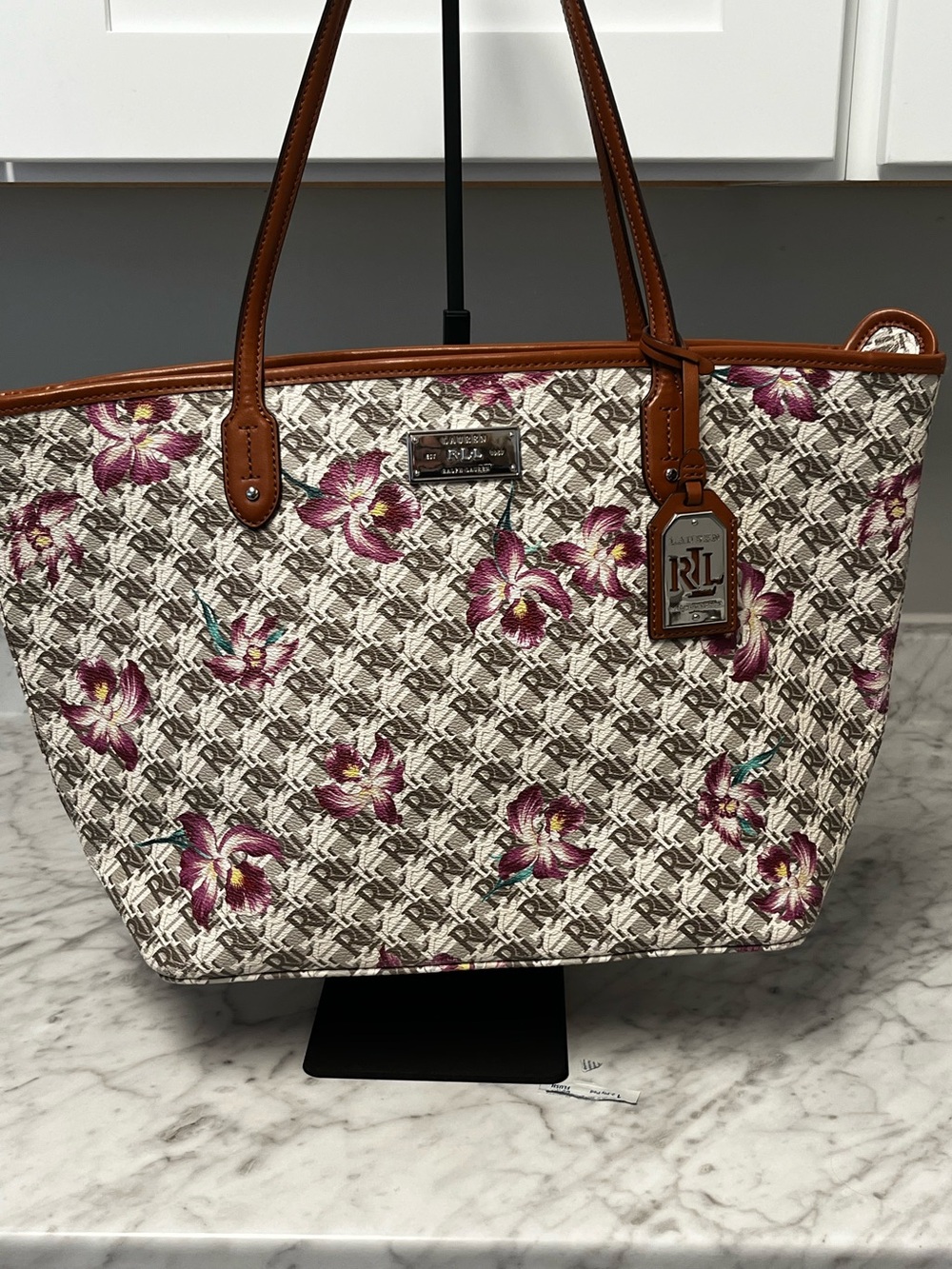 Ralph Lauren Floral Monogram Canvas Tote in Pink and Brown Trim